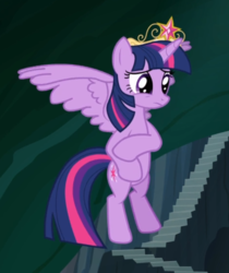 Size: 615x733 | Tagged: safe, screencap, twilight sparkle, alicorn, pony, g4, princess twilight sparkle (episode), big crown thingy, cropped, crown, element of magic, female, flying, jewelry, mare, nervous, regalia, solo, spread wings, twilight sparkle (alicorn), wings