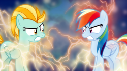 Size: 1600x900 | Tagged: safe, artist:cloudy glow, artist:sailortrekkie92, edit, lightning dust, rainbow dash, pegasus, pony, g4, angry, electric dash, facing each other, female, lightning, mare, rivalry, wallpaper, wallpaper edit