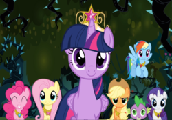 Size: 1345x937 | Tagged: safe, screencap, applejack, fluttershy, pinkie pie, rainbow dash, rarity, spike, twilight sparkle, alicorn, dragon, earth pony, pegasus, pony, unicorn, g4, princess twilight sparkle (episode), big crown thingy, black vine, cropped, crown, elements of harmony, eyes closed, female, flying, jewelry, male, mane seven, mane six, mare, necklace, regalia, smiling, spread wings, twilight sparkle (alicorn), wings