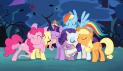 Size: 1213x705 | Tagged: safe, screencap, applejack, fluttershy, pinkie pie, rainbow dash, rarity, spike, twilight sparkle, alicorn, dragon, earth pony, pegasus, pony, unicorn, g4, princess twilight sparkle (episode), big crown thingy, crown, cute, element of kindness, element of magic, elements of harmony, eyes closed, female, group hug, hug, jewelry, male, mane seven, mane six, mare, necklace, regalia, smiling, twilight sparkle (alicorn)