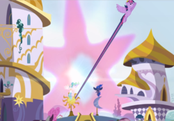 Size: 1067x749 | Tagged: safe, screencap, princess celestia, princess luna, twilight sparkle, alicorn, pony, g4, princess twilight sparkle (episode), canterlot castle, cropped, female, flying, glowing horn, horn, light, magic, speed trail, spread wings, summer sun celebration, twilight sparkle (alicorn), twilight's cutie mark, wings