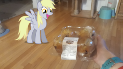 Size: 1967x1106 | Tagged: safe, artist:joeydr, derpibooru exclusive, photographer:joeydr, derpy hooves, human, pegasus, pony, g4, cute, derpabetes, eyes on the prize, female, food, hand, happy, irl, irl human, mare, muffin, offscreen character, open mouth, photo, ponies in real life, pov, smiling, solo focus, spread wings, wings
