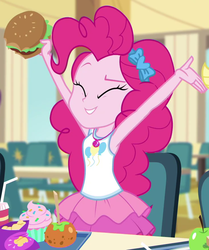 Size: 739x883 | Tagged: safe, screencap, pinkie pie, equestria girls, g4, my little pony equestria girls: better together, schedule swap, armpits, arms in the air, burger, caramel apple (food), cheeseburger, chips, clothes, cupcake, cute, diapinkes, eyes closed, female, food, frosting, geode of sugar bombs, hamburger, junk food, magical geodes, potato chips, skirt, smiling, that human sure does love burgers