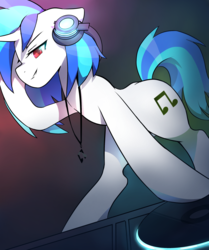 Size: 2362x2832 | Tagged: safe, artist:pinapplekid, dj pon-3, vinyl scratch, pony, unicorn, g4, bipedal, colored pupils, disc, female, floppy ears, headphones, high res, jewelry, mare, necklace, profile, solo