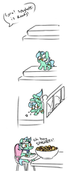 Size: 576x1450 | Tagged: safe, artist:lockheart, lyra heartstrings, pony, unicorn, g4, bone, broken horn, broken teeth, chair, comic, dialogue, falling, female, filly, filly lyra, food, horn, injured, l.u.l.s., neck brace, ouch, pasta, simple background, spaghetti, speech bubble, squatpony, stairs, text, tooth, white background, younger