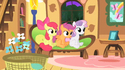 Size: 1280x720 | Tagged: safe, screencap, apple bloom, fluttershy, scootaloo, sweetie belle, earth pony, pony, g4, stare master, animated, cutie mark crusaders, female, fluttershy's cottage, jumping, sigh, sound, webm