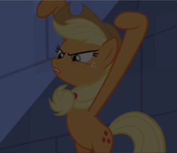 Size: 1088x940 | Tagged: safe, screencap, applejack, earth pony, pony, castle mane-ia, g4, bipedal, cropped, female, freckles, hind legs, hooves in air, mare, raised hoof, shadow