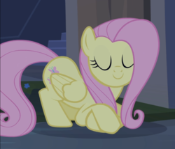 Size: 885x757 | Tagged: safe, screencap, fluttershy, pegasus, pony, castle mane-ia, g4, cropped, crossed hooves, cute, eyes closed, female, folded wings, mare, prone, shyabetes, smiling, solo, wings