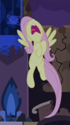 Size: 357x637 | Tagged: safe, screencap, fluttershy, pegasus, pony, castle mane-ia, g4, cropped, female, flying, mare, nose in the air, open mouth, scared, screaming, solo, spread wings, wings