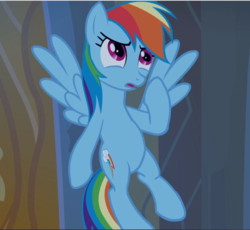 Size: 1023x942 | Tagged: safe, screencap, rainbow dash, pegasus, pony, castle mane-ia, g4, cropped, female, flying, mare, spread wings, thinking, wings