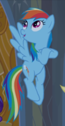 Size: 366x702 | Tagged: safe, screencap, applejack, rainbow dash, rarity, earth pony, pegasus, pony, unicorn, castle mane-ia, g4, cropped, crossed hooves, female, flying, looking up, mare, offscreen character, open mouth, smiling