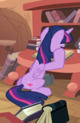 Size: 365x555 | Tagged: safe, screencap, twilight sparkle, alicorn, pony, castle mane-ia, g4, book, cropped, desk, female, golden oaks library, hooves on cheeks, reading, sitting, solo, twilight sparkle (alicorn)