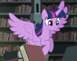 Size: 1179x938 | Tagged: safe, screencap, twilight sparkle, alicorn, pony, castle mane-ia, g4, book, bookshelf, cropped, cute, female, flying, library, mare, smiling, solo, spread wings, that pony sure does love books, twiabetes, twilight sparkle (alicorn), wings