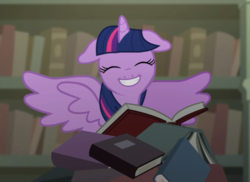 Size: 1086x790 | Tagged: safe, screencap, twilight sparkle, alicorn, pony, castle mane-ia, g4, book, bookshelf, cropped, cute, eyes closed, female, floppy ears, mare, solo, spread wings, that pony sure does love books, twiabetes, twilight sparkle (alicorn), wings
