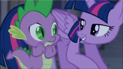 Size: 1671x941 | Tagged: safe, screencap, spike, twilight sparkle, alicorn, pony, castle mane-ia, g4, cropped, female, lidded eyes, looking at each other, male, scared, smiling, twilight sparkle (alicorn)