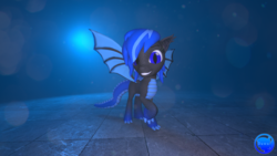 Size: 1920x1080 | Tagged: safe, artist:technickarts, oc, oc only, oc:dawn calysta, dracony, hybrid, 3d, claws, cute, dragon tail, ear fluff, fangs, lens flare, scales, slit pupils, source filmmaker, spiked tail, tiled floor, watermark, wings