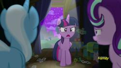 Size: 1280x720 | Tagged: safe, screencap, starlight glimmer, trixie, twilight sparkle, alicorn, pony, unicorn, g4, no second prances, angry, butt, card, discovery family logo, female, furious, guilty, indoors, mare, nervous, night, plot, teacher and student, trio, trixie's wagon, twilight sparkle (alicorn)