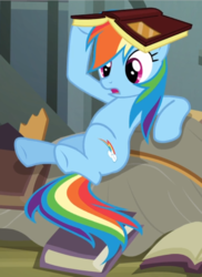 Size: 621x853 | Tagged: safe, screencap, rainbow dash, pegasus, pony, daring don't, g4, book, book on head, cropped, female, lying down, mare, open mouth