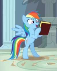 Size: 327x410 | Tagged: safe, screencap, rainbow dash, pegasus, pony, daring don't, g4, bipedal, book, cropped, excited, female, holding, mare, open mouth, smiling, spread wings, wings