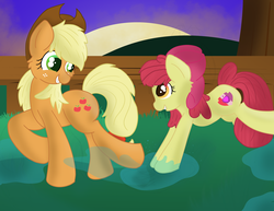 Size: 3300x2550 | Tagged: safe, artist:skyflys, apple bloom, applejack, earth pony, pony, g4, cute, cutie mark, duo, female, filly, freckles, hat, high res, mare, puddle, sisters, splashing, the cmc's cutie marks