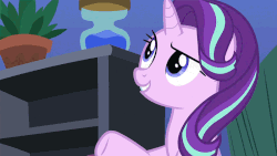 Size: 700x394 | Tagged: safe, screencap, starlight glimmer, pony, unicorn, g4, rock solid friendship, season 7, animated, cute, excited, eyes closed, female, gif, glimmerbetes, mare, open mouth, raised hoof, smiling, solo, talking