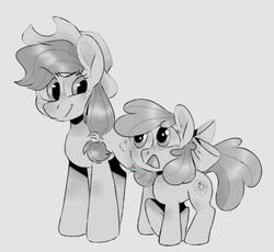Size: 1114x1024 | Tagged: safe, artist:incubugs, apple bloom, applejack, earth pony, pony, g4, cowboy hat, duo, female, filly, gray background, grayscale, hat, mare, monochrome, simple background, sisters, smiling