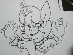 Size: 1227x920 | Tagged: safe, artist:paper view of butts, oc, oc:paper butt, oc:shy art, unicorn, anthro, black and white, close-up, clothes, collar, comic, female, glasses, grayscale, hand, horn, ink, ink drawing, leash, magic, magic hands, male, monochrome, traditional art