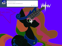 Size: 1076x806 | Tagged: safe, artist:dazzlingmimi, princess celestia, alicorn, pony, tumblr:the sun has inverted, g4, angry, ask, betrayal, blue background, blue sun, civil war, color change, corrupted, corrupted celestia, darkened coat, divided equestria, female, glowing horn, green eye, horn, implied fight, indigo background, insanity, inversion spell, invert princess celestia, inverted, inverted colors, inverted princess celestia, possessed, possession, purple background, rage, rainbow hair, sidemouth, simple background, solo, speech bubble, tumblr, violet background, word bubble