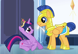 Size: 1406x988 | Tagged: safe, screencap, flash sentry, twilight sparkle, alicorn, equestria girls, g4, my little pony equestria girls, armor, big crown thingy, blushing, cropped, crown, cute, element of magic, jewelry, looking at each other, prone, regalia, royal guard armor, sitting, smiling, twiabetes, twilight sparkle (alicorn)