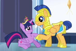 Size: 1424x954 | Tagged: safe, screencap, flash sentry, twilight sparkle, alicorn, equestria girls, g4, my little pony equestria girls, big crown thingy, blushing, cropped, crown, cute, element of magic, jewelry, looking at each other, prone, regalia, royal guard armor, sitting, smiling, twiabetes, twilight sparkle (alicorn)