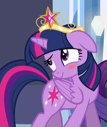 Size: 907x1073 | Tagged: safe, screencap, rarity, twilight sparkle, alicorn, pony, equestria girls, g4, my little pony equestria girls, big crown thingy, blushing, cropped, crown, cute, element of magic, floppy ears, jewelry, offscreen character, regalia, solo focus, twiabetes, twilight sparkle (alicorn)