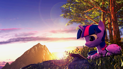 Size: 5760x3240 | Tagged: safe, artist:backmaker, twilight sparkle, alicorn, pony, g4, 3d, book, evening, mountain, reading, relaxing, solo, source filmmaker, sun, twilight sparkle (alicorn)