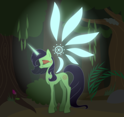 Size: 3000x2848 | Tagged: safe, artist:inersdraco, oc, oc only, pony, unicorn, artificial wings, augmented, everfree forest, glowing, high res, magic, magic wings, solo, vector, wings