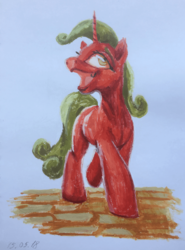 Size: 2308x3115 | Tagged: safe, artist:inersdraco, oc, oc only, pony, unicorn, acrylic painting, big mouth, female, high res, mare, simple background, solo, traditional art