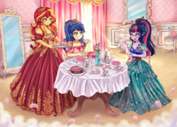 Size: 720x515 | Tagged: safe, artist:lucy-tan, edit, flash sentry, sci-twi, sunset shimmer, twilight sparkle, oc, oc:felicity sentry, human, equestria girls, g4, clothes, commission, cropped, crossdressing, dress, female, femboy, girly, girly sentry, glasses, male, open mouth, pillow, sad, sissy, smiling