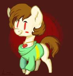 Size: 500x520 | Tagged: safe, artist:inersdraco, earth pony, pony, chara, chibi, clothes, crossover, female, filly, ponified, simple background, solo, sweater, undertale