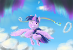 Size: 3000x2081 | Tagged: safe, artist:inersdraco, rainbow dash, twilight sparkle, alicorn, pony, g4, the cutie re-mark, first person view, fringe, helping hoof, high res, implied starlight glimmer, offscreen character, pov, rainbow, twilight sparkle (alicorn)