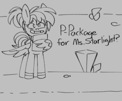 Size: 1400x1164 | Tagged: safe, artist:taaffeiite, derpibooru exclusive, oc, oc only, oc:dawnchaser, pegasus, pony, crystal, female, gray background, grin, implied oc, lineart, magical lesbian spawn, mailmare, mare, monochrome, nervous, nervous smile, offscreen character, offspring, paper, parent:rainbow dash, parent:twilight sparkle, parents:twidash, simple background, smiling, underground, wing hands