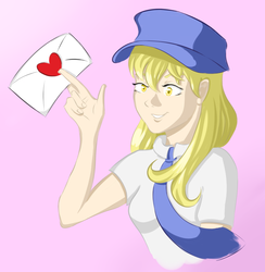 Size: 2000x2047 | Tagged: safe, artist:inersdraco, derpy hooves, human, g4, ayano aishi, crossover, female, heart, high res, humanized, letter, mailwoman, necktie, simple background, solo, yandere simulator, yanderedev