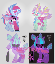 Size: 1200x1400 | Tagged: safe, artist:paperbagpony, oc, oc:natural vision, bat, bat pony, pegasus, pony, 3d glasses, adoptable, choker, clothes, collaboration, collar, female, freckles, gas mask, glasses, heart, jacket, mare, mask, necktie, neon, pigtails