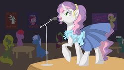 Size: 3000x1687 | Tagged: safe, artist:inersdraco, fluttershy, pinkie pie, sweetie belle, earth pony, pegasus, pony, unicorn, zebra, fallout equestria, g4, advertisement, clothes, dress, fanfic, fanfic art, female, flying, forever, hooves, horn, looking at you, mare, microphone, ministry mares, ministry of morale, older, older sweetie belle, open mouth, performance, pinkie pie is watching you, poster, propaganda, raised hoof, singing, sitting, solo focus, sparkle cola, spread wings, stage, standing, text, wings