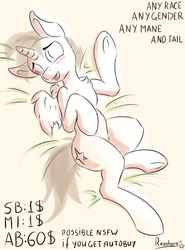 Size: 3880x5250 | Tagged: safe, artist:rainihorn, alicorn, earth pony, pegasus, pony, unicorn, advertisement, bedroom eyes, commission, lying down, lying on bed, open mouth, sketch, text, underhoof, ych example, your character here