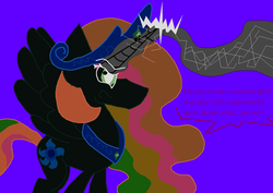 Size: 1236x874 | Tagged: safe, artist:dazzlingmimi, princess celestia, pony, tumblr:the sun has inverted, g4, angry, blast, blue background, blue sun, civil war, color change, corrupted, corrupted celestia, darkened coat, divided equestria, female, glowing horn, green eye, horn, implied fight, indigo background, insanity, inversion attempt, inversion spell, invert princess celestia, inverted, inverted colors, inverted princess celestia, magic, magic blast, possessed, purple background, rage, rainbow hair, sidemouth, simple background, solo, speech bubble, tumblr, violet background, word bubble