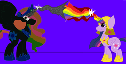 Size: 1280x652 | Tagged: safe, artist:dazzlingmimi, princess celestia, twilight sparkle, alicorn, pony, tumblr:the sun has inverted, g4, angry, armor, beam struggle, blast, blue background, blue sun, civil war, color change, corrupted, corrupted celestia, darkened coat, divided equestria, duo, duo female, female, fight, glowing horn, green eye, horn, indigo background, insanity, inversion attempt, inversion spell, invert princess celestia, inverted, inverted colors, inverted princess celestia, magic, magic aura, magic beam, magic blast, multicolored magic, possessed, purple background, rainbow, rainbow hair, rainbow magic aura, rainbow magic blast, rainbow magic power, rainbow power, rebellion, resistance, reversal attempt, reversion attempt, sidemouth, simple background, tumblr, twilight sparkle (alicorn), violet background