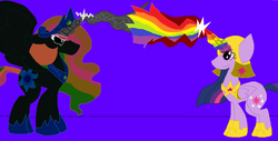 Size: 1280x652 | Tagged: safe, artist:dazzlingmimi, princess celestia, twilight sparkle, alicorn, pony, tumblr:the sun has inverted, g4, angry, armor, beam struggle, blast, blue background, blue sun, civil war, color change, corrupted, corrupted celestia, darkened coat, divided equestria, duo, duo female, female, fight, glowing horn, green eye, horn, indigo background, insanity, inversion attempt, inversion spell, invert princess celestia, inverted, inverted colors, inverted princess celestia, magic, magic aura, magic beam, magic blast, multicolored magic, possessed, purple background, rainbow, rainbow hair, rainbow magic aura, rainbow magic blast, rainbow magic power, rainbow power, rebellion, resistance, reversal attempt, reversion attempt, shrunken pupils, sidemouth, simple background, tumblr, twilight sparkle (alicorn), violet background, wide eyes