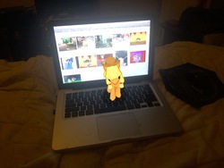 Size: 4032x3024 | Tagged: safe, artist:undeadponysoldier, gameloft, photographer:undeadponysoldier, applejack, earth pony, pony, derpibooru, g4, breaking the fourth wall, computer, game, irl, laptop computer, meta, photo, ponies in real life