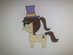 Size: 4032x3024 | Tagged: safe, artist:undeadponysoldier, oc, oc only, oc:hat filly, pony, a hat in time, blushing, cute, hat, parody, ponified, top hat, video game reference