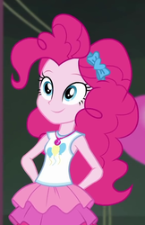 Size: 571x883 | Tagged: safe, screencap, pinkie pie, all the world's off stage, equestria girls, equestria girls series, g4, all the world's off stage: pinkie pie, bow, clothes, cropped, cute, diapinkes, female, geode of sugar bombs, hair bow, hands behind back, happy, magical geodes, rah rah skirt, skirt, smiling, solo, tank top