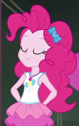 Size: 556x877 | Tagged: safe, screencap, pinkie pie, all the world's off stage, equestria girls, equestria girls series, g4, all the world's off stage: pinkie pie, clothes, cropped, cute, diapinkes, eyes closed, female, geode of sugar bombs, hands behind back, magical geodes, rah rah skirt, satisfied, skirt, smug, solo