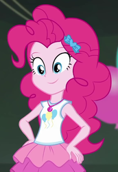 Size: 572x831 | Tagged: safe, screencap, pinkie pie, all the world's off stage, all the world's off stage: pinkie pie, equestria girls, g4, my little pony equestria girls: better together, bow, clothes, cropped, cute, diapinkes, female, geode of sugar bombs, grin, hair bow, hairband, hand on hip, happy, jewelry, magical geodes, necklace, rah rah skirt, skirt, smiling, solo, tank top